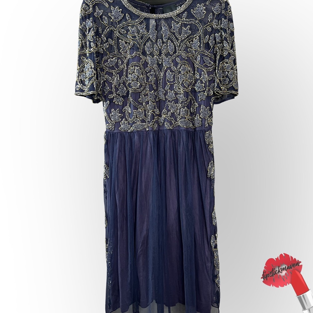 ASOS Dress Women 14 Navy Blue Beaded Short Sleeve Sequin‎ Bling Wedding Guest